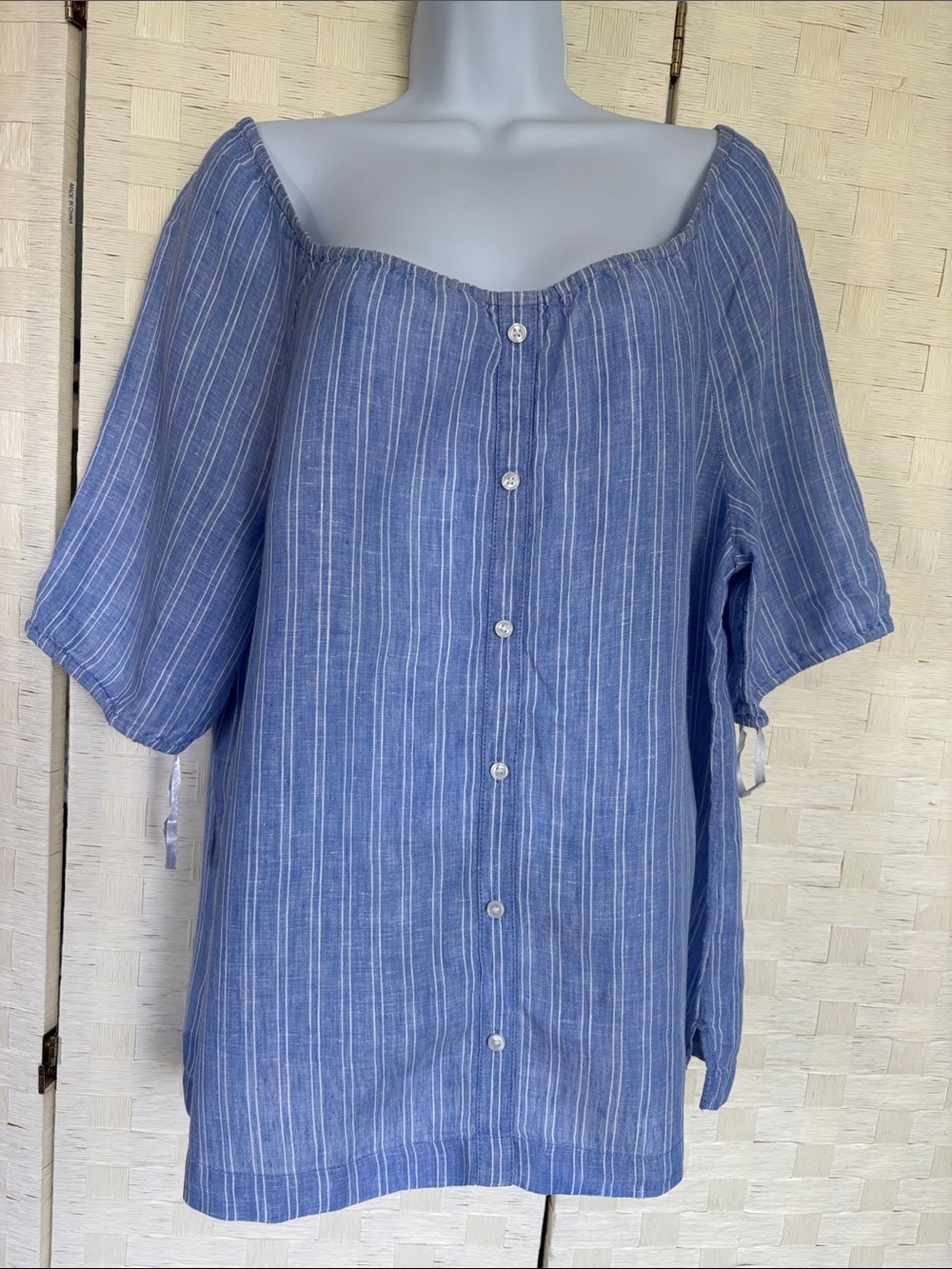 TALBOT Linen Blouse  Blue White striped Off Shoulder size M